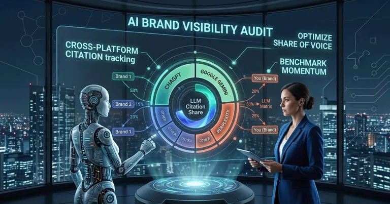 AI brand visibility audit showing cross-platform LLM citation share across ChatGPT, Google Gemini and Perplexity with Share of Voice benchmarking
