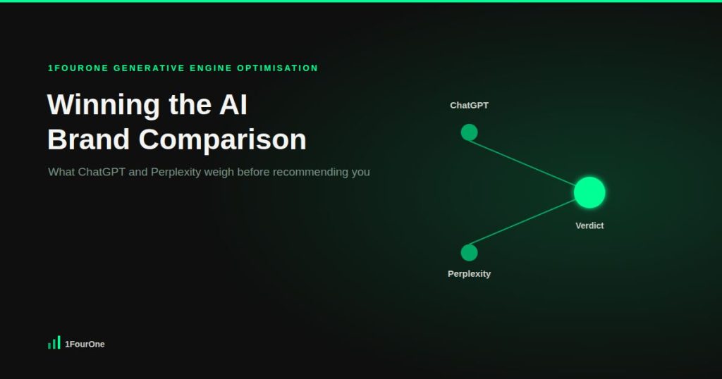 Two AI platform nodes converging on a single glowing verdict, representing an AI brand comparison