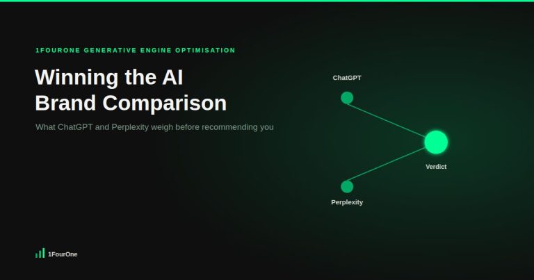 Two AI platform nodes converging on a single glowing verdict, representing an AI brand comparison
