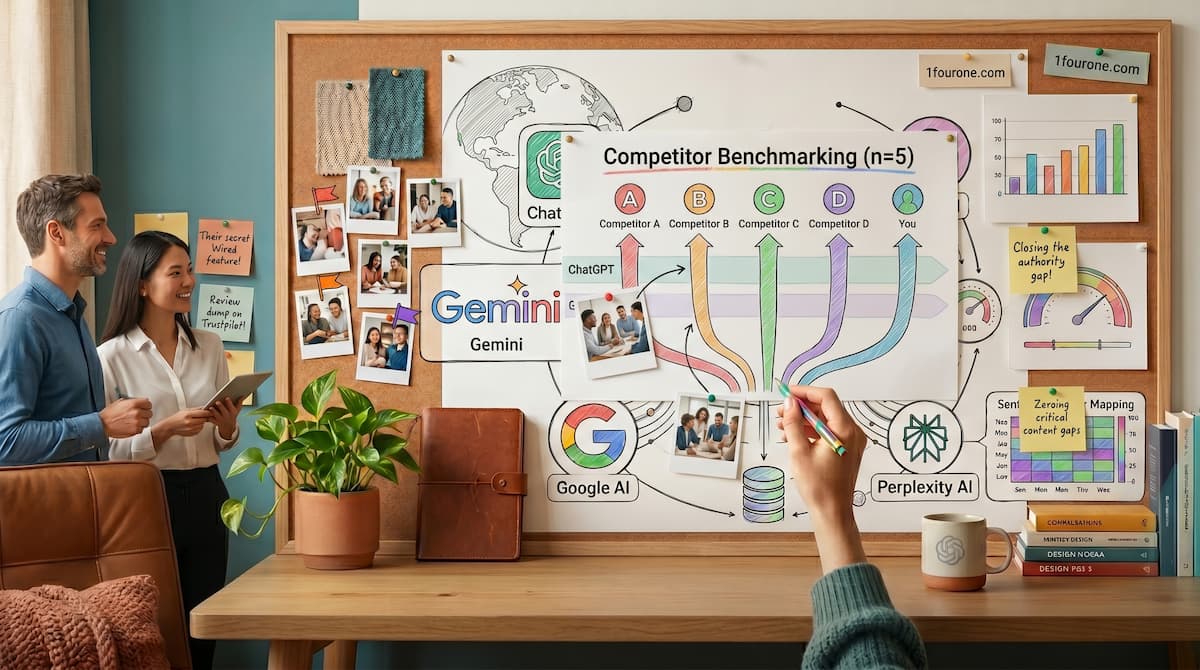 AI Share of Voice framework diagram showing data tracking across ChatGPT, Gemini and Perplexity with citation frequency, position and sentiment metrics