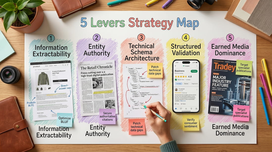 The 1FourOne five levers framework for growing AI Share of Voice showing Information Extractability, Entity Authority, Technical Schema, Structured Validation and Earned Media