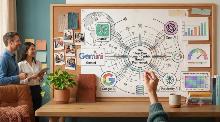 A collaborative workspace featuring a corkboard with a hand-drawn AI share of voice framework diagram, showing data tracking maps for ChatGPT, Gemini, and Perplexity alongside metrics for citation frequency, position, and sentiment.