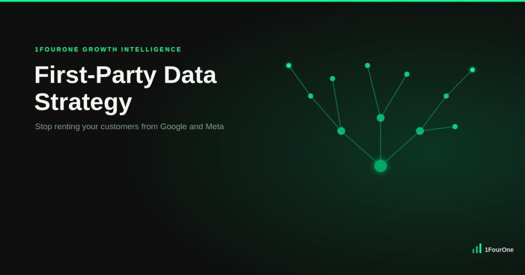 Glowing network diagram representing an owned customer data asset compounding in value, illustrating a first-party data strategy