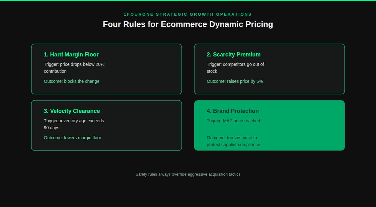 Diagram of four ecommerce dynamic pricing rules: hard margin floor, scarcity premium, velocity clearance, and brand protection