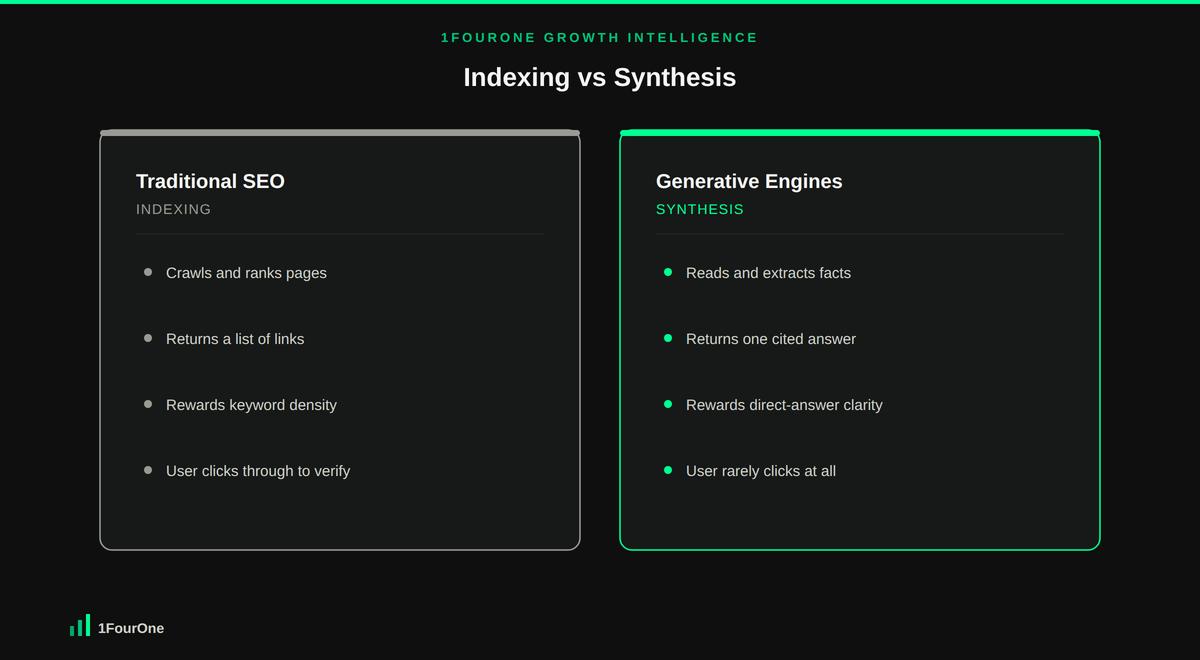 Comparison of traditional SEO indexing and LLM synthesis, showing why standard SEO does not guarantee AI search visibility