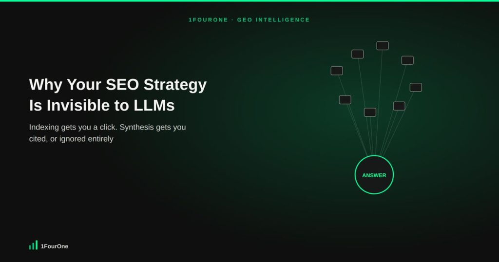 Hero graphic showing traditional SEO indexing versus LLM synthesis converging on a single AI answer