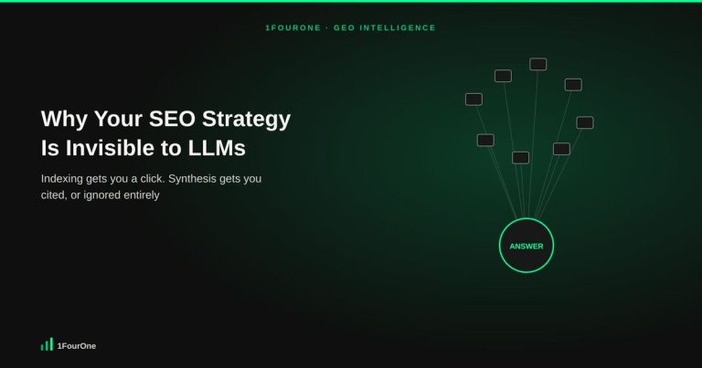 Hero graphic showing traditional SEO indexing versus LLM synthesis converging on a single AI answer