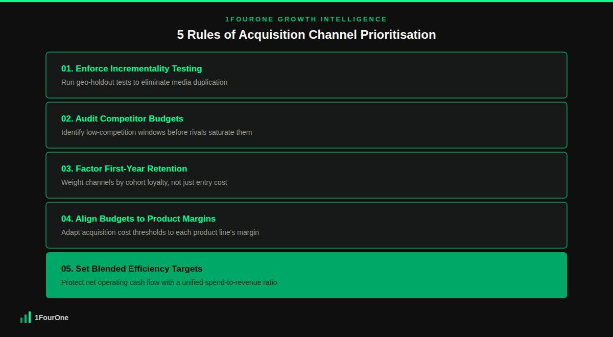 Acquisition channel prioritisation framework showing the 5 rules to protect retail margins
