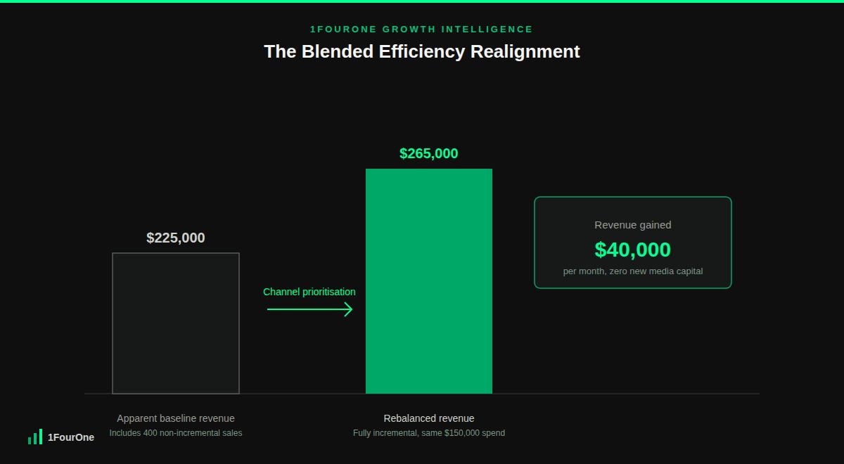 Acquisition channel prioritisation worked example showing revenue increasing from $225,000 to $265,000