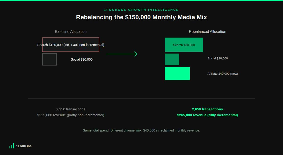 Acquisition channel prioritisation chart showing the media mix rebalancing from search-heavy to a diversified three-channel spend