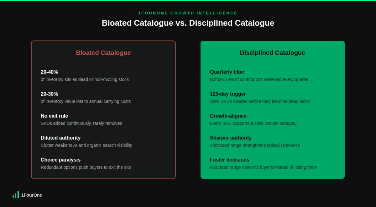 Product lifecycle management comparison of a bloated catalogue versus a disciplined catalogue