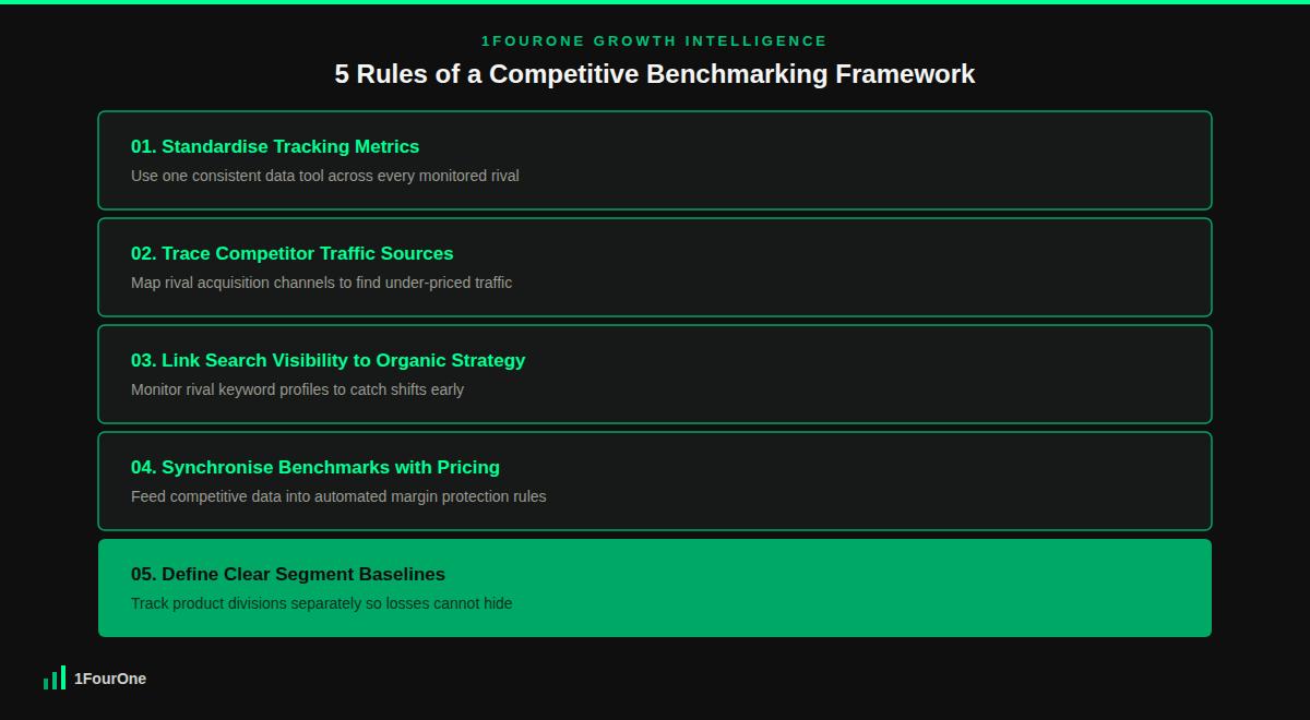Competitive benchmarking framework showing the 5 rules to track competitor scale and protect retail margins