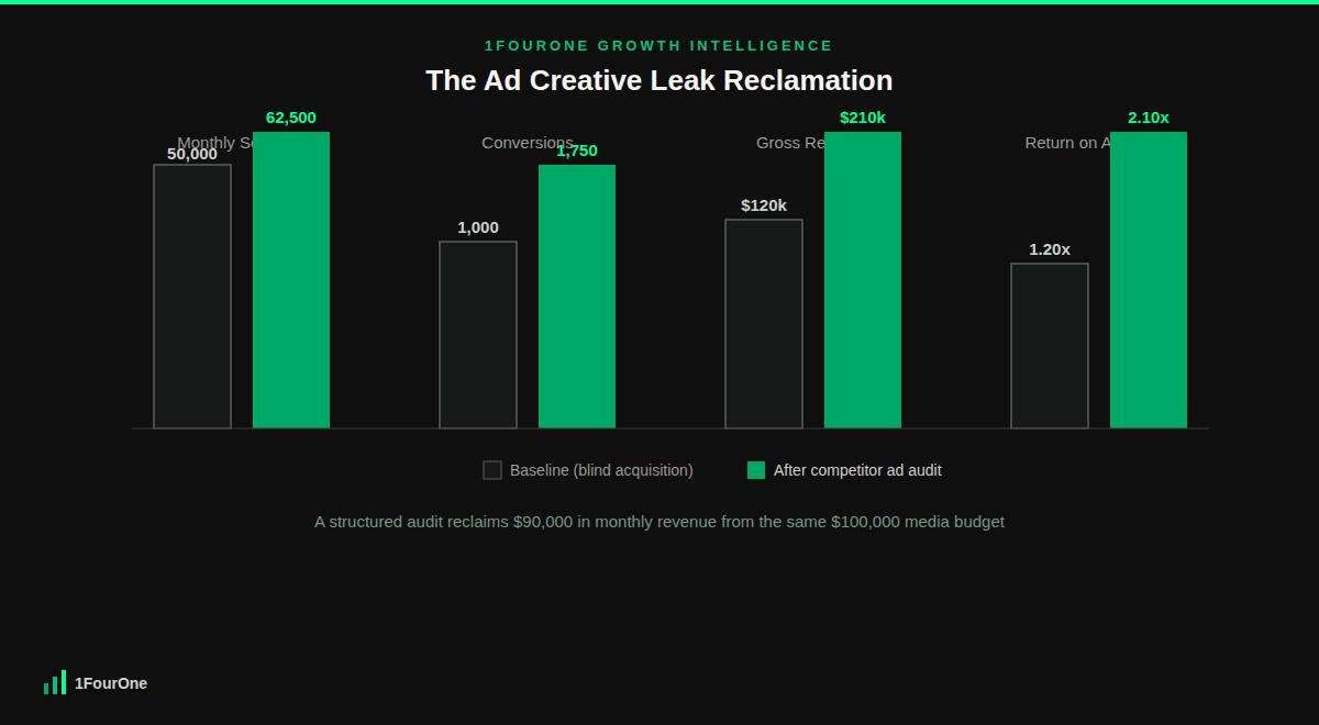 Competitor ad audit worked example showing sessions, conversions, revenue and ROAS improving after the audit