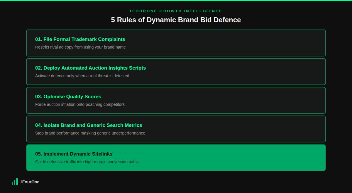 Dynamic brand bid defence framework showing the 5 rules to block keyword poaching and protect margins