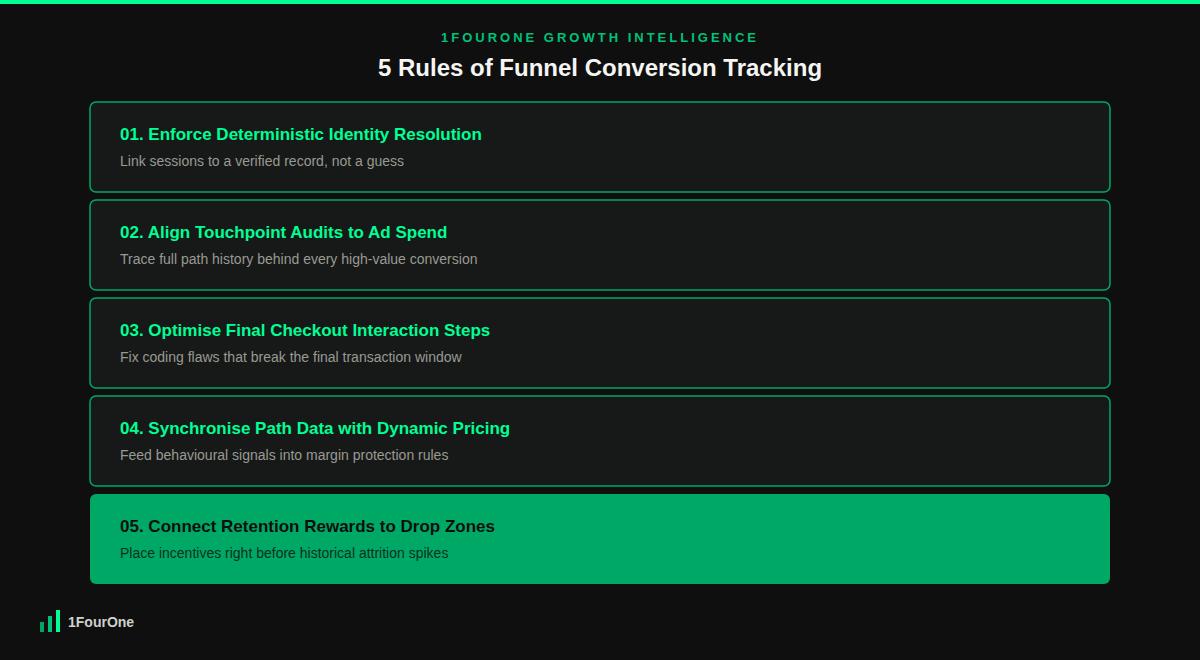 Funnel conversion tracking framework showing the 5 rules to eliminate multi-channel capital waste