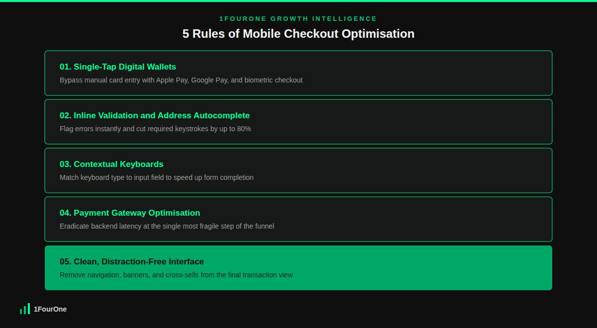 Mobile checkout optimisation framework showing the 5 rules to reduce friction and boost revenue