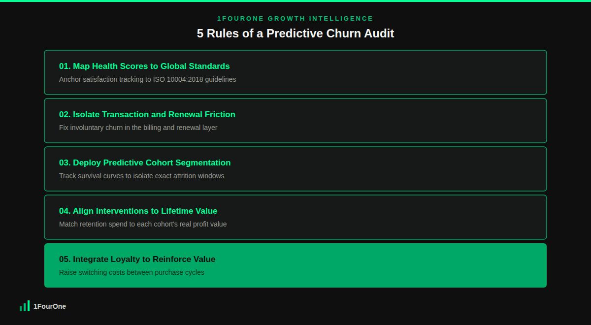 Predictive churn audit framework showing the 5 rules to protect customer lifetime value