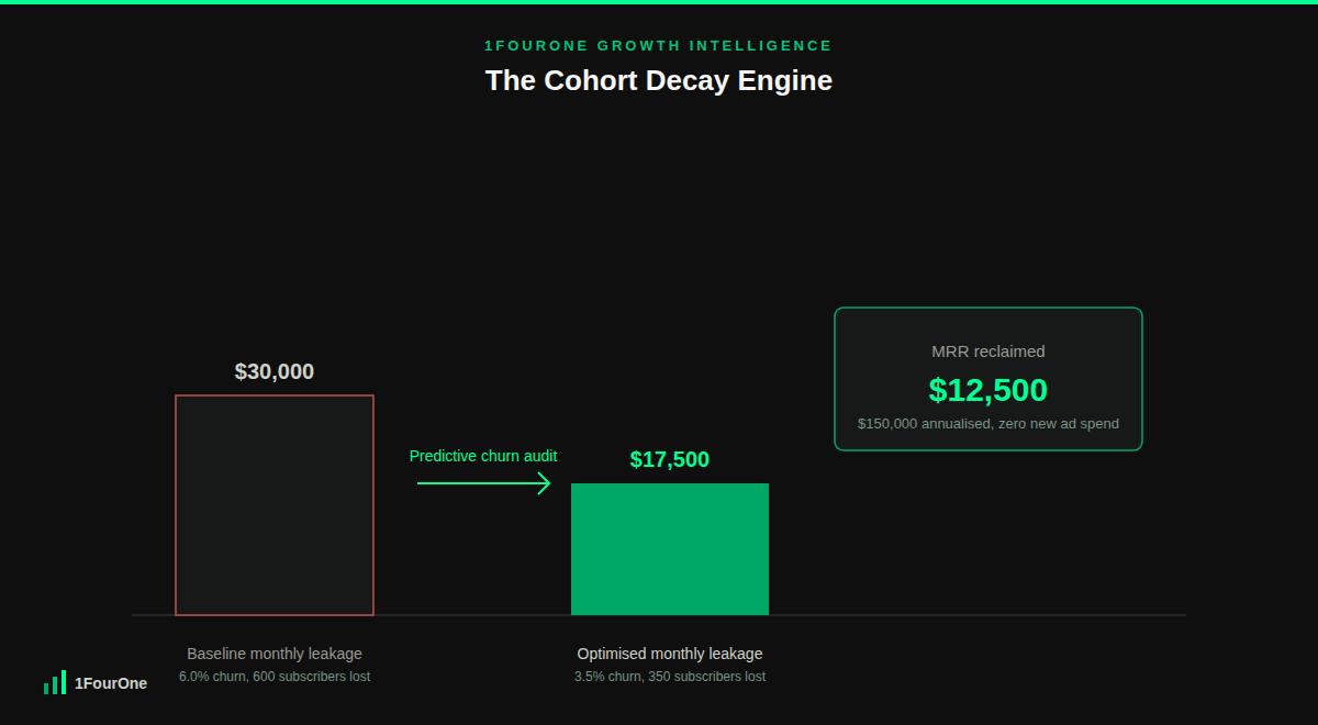 Predictive churn audit worked example showing monthly recurring revenue leakage dropping from $30,000 to $17,500