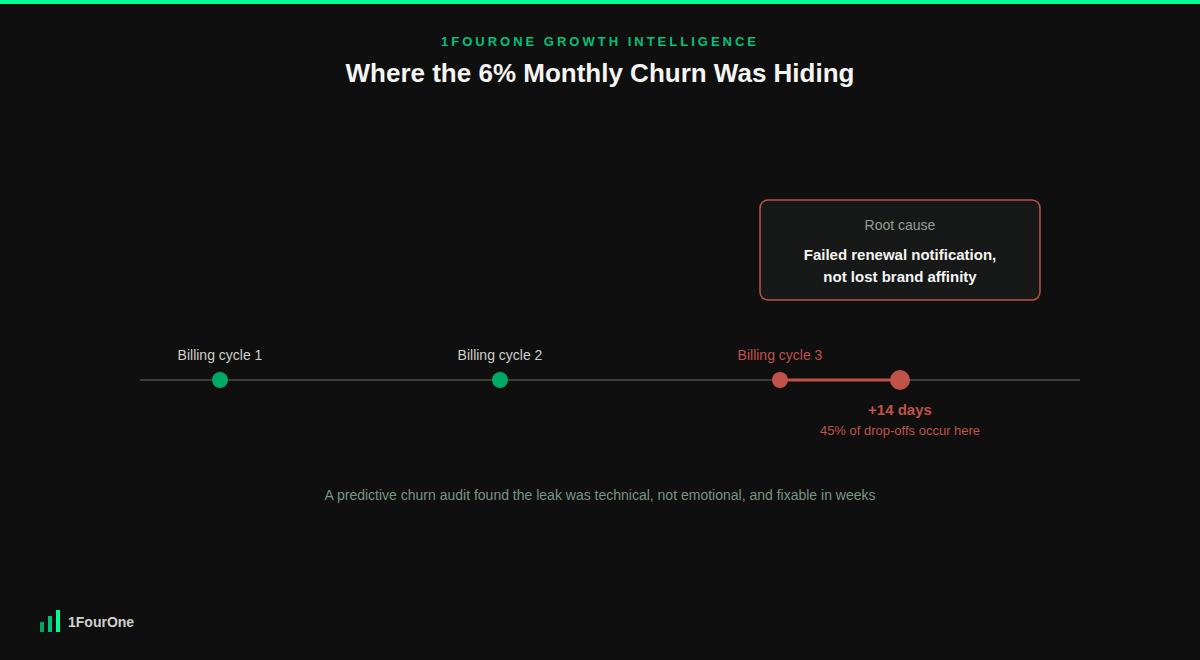 Predictive churn audit timeline showing 45% of subscriber drop-offs occurring 14 days after the third billing cycle