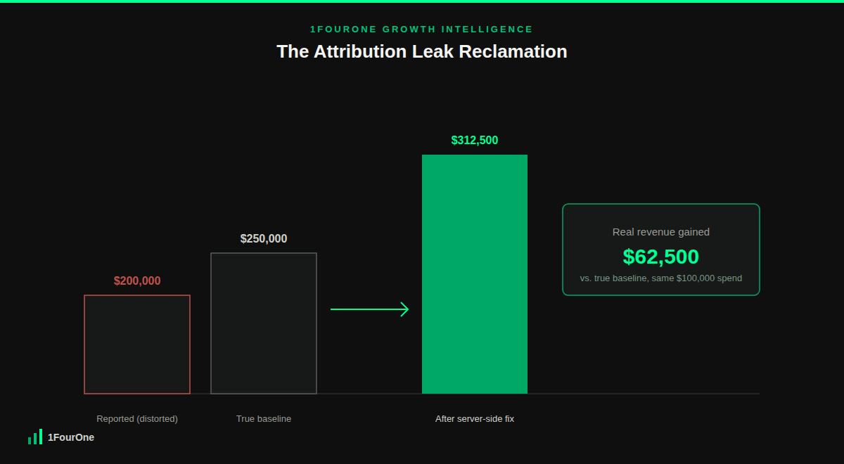 Server side tracking framework worked example showing revenue climbing from a true baseline of $250,000 to $312,500