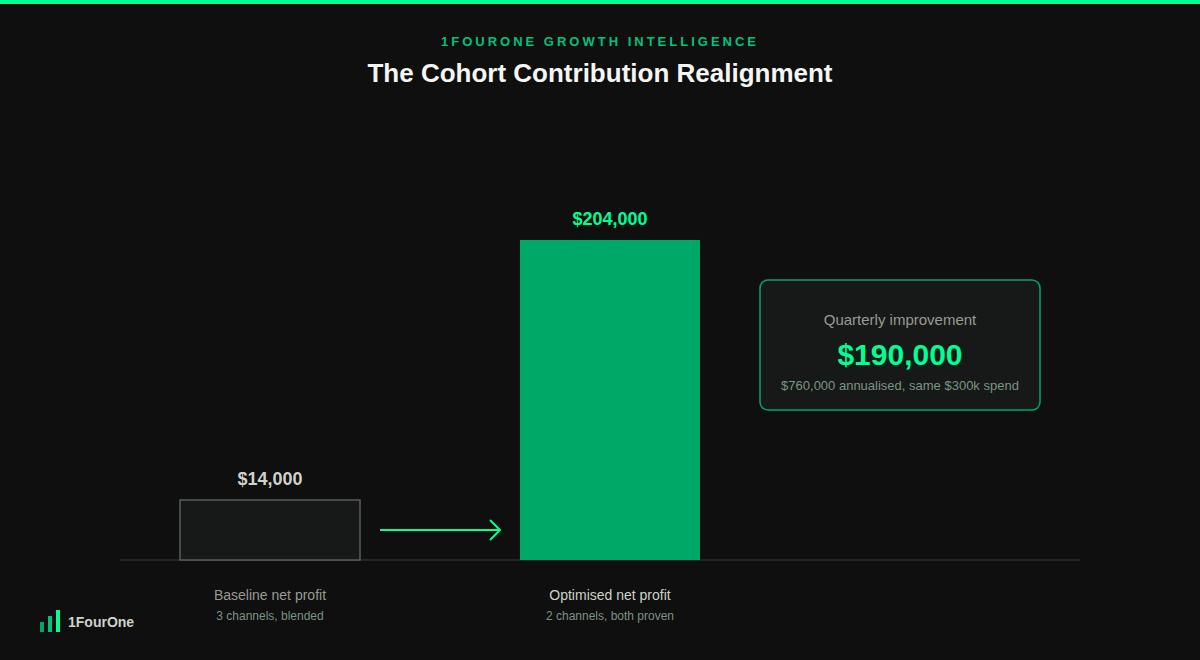 First party customer data analytics worked example showing net profit increasing from $14,000 to $204,000
