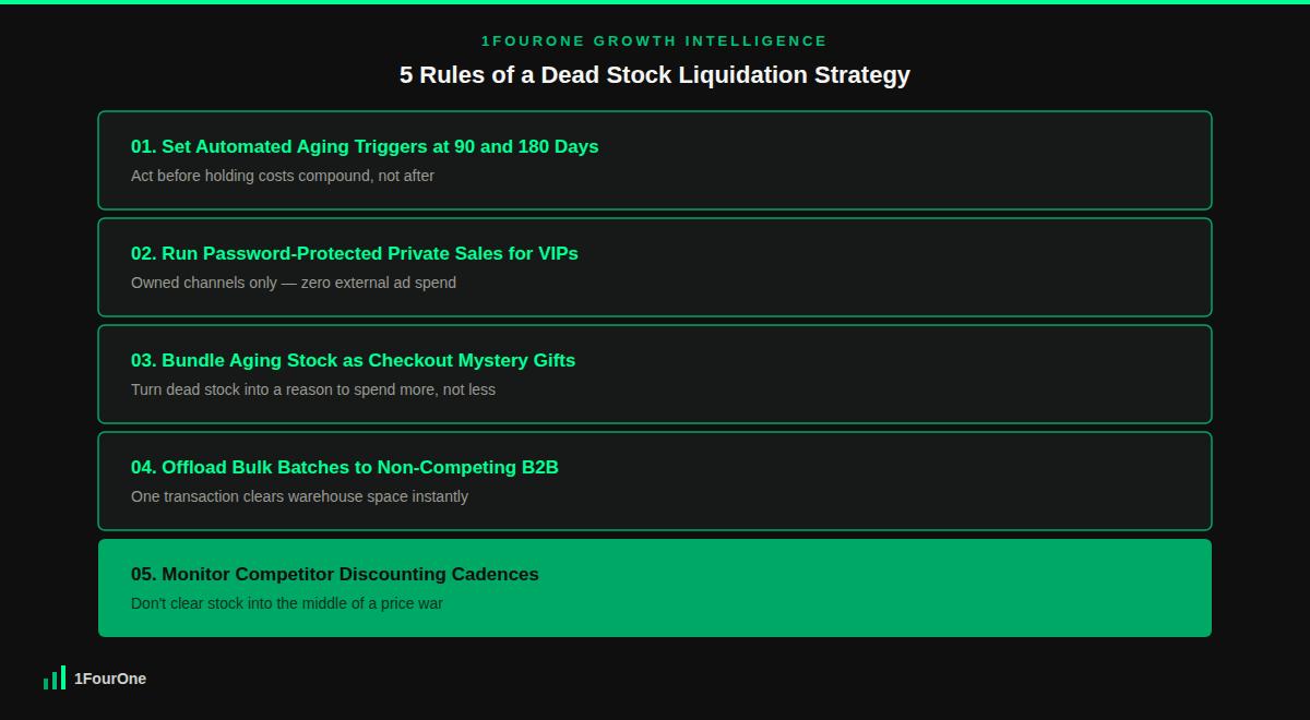 Dead stock liquidation strategy framework showing the 5 rules to recover working capital without public discounting