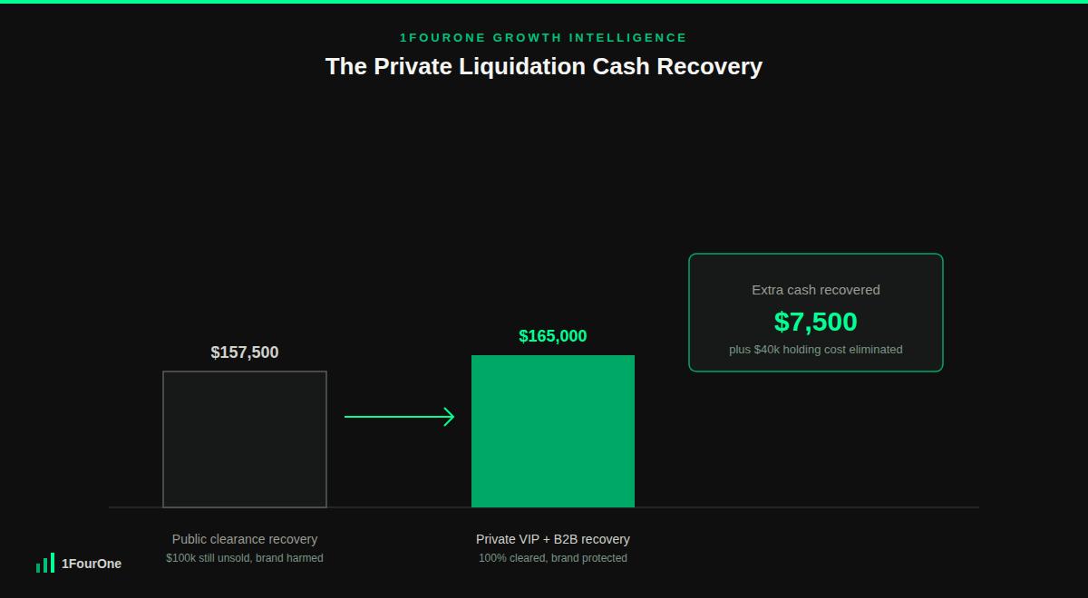 Dead stock liquidation strategy worked example showing net cash recovery increasing from $157,500 to $165,000