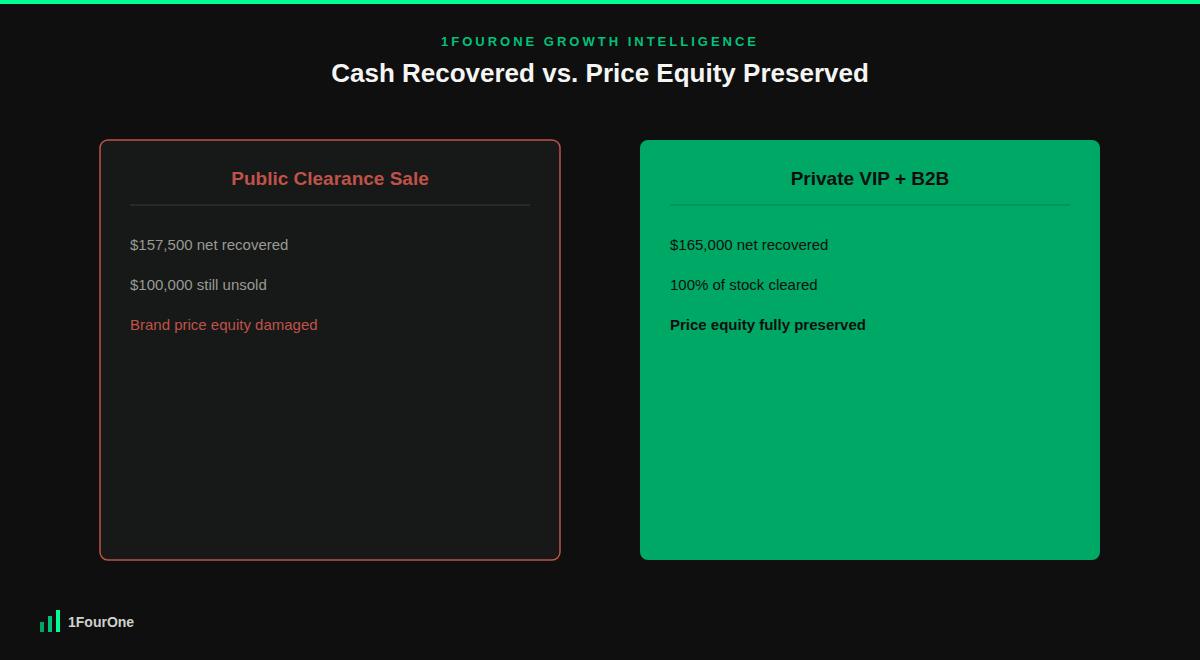 Dead stock liquidation strategy decision tree comparing private VIP sales, B2B liquidation, and public discounting
