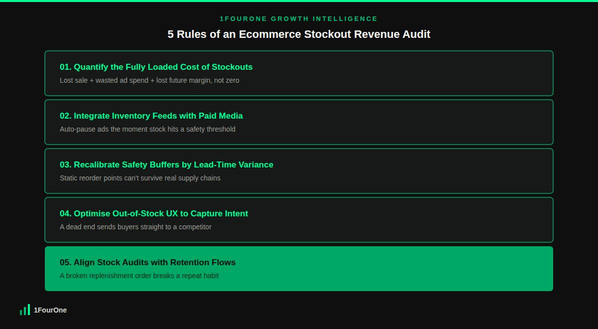 Ecommerce stockout revenue audit framework showing the 5 rules to eliminate stockout margin leaks