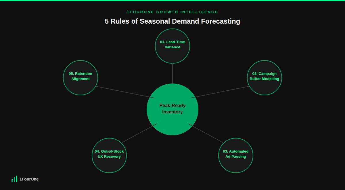 Seasonal inventory demand forecasting framework showing the 5 rules radiating around peak-ready inventory
