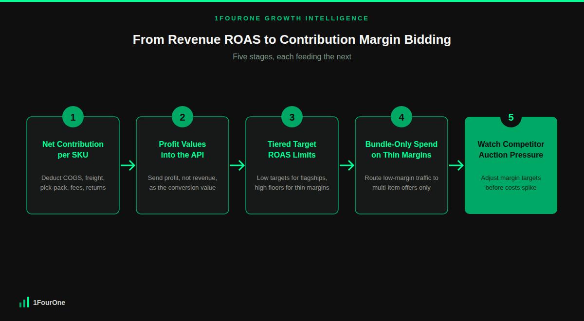Contribution margin bidding strategy framework showing the 5 stages from unit contribution to competitor monitoring